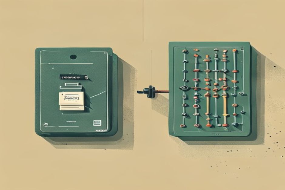 On the left a single sealed cartridge labeled with small icons for tools, instructions, hooks and settings clicking into a slot; on the right an open pegboard of labeled nodes joined by hand-run wires with a save-point clamp on each junction; one cold light between them