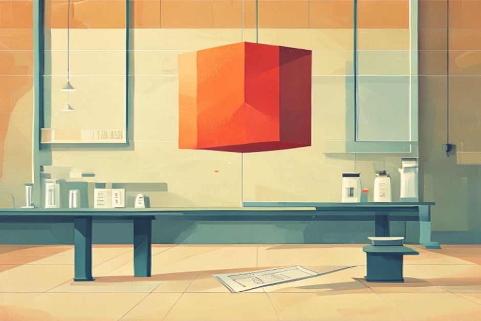A giant price tag or trophy hovering over an empty laboratory bench where the test results should be, a single unsigned certificate blowing across the floor