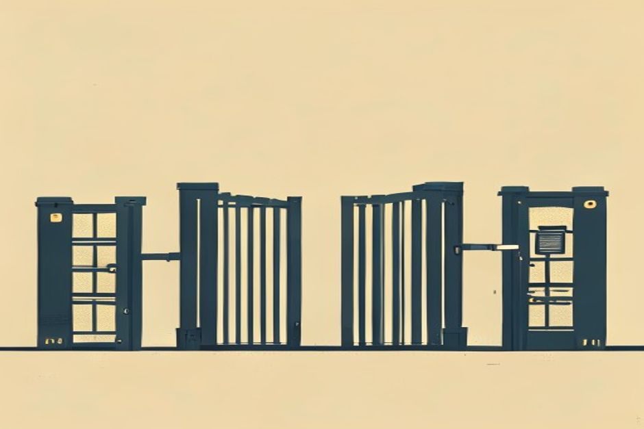 Four gates of increasing solidity in a row over a single pending action — an open gateway, a paper checkpoint, a metal turnstile with a hardware key, and a vault door — a decision fork choosing which gate a consequential action passes through