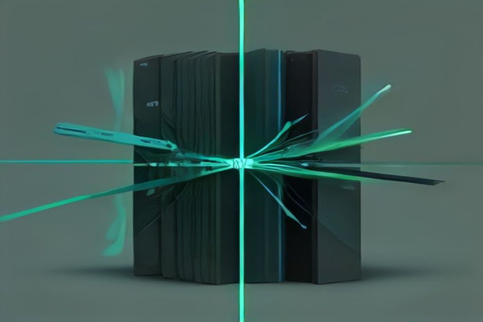Two separate agent stacks converging on a single shared wire protocol running down the middle, one steel-blue and one mint-green cable braiding into one line, a faint seam where they don't fully fuse, dark technical grid