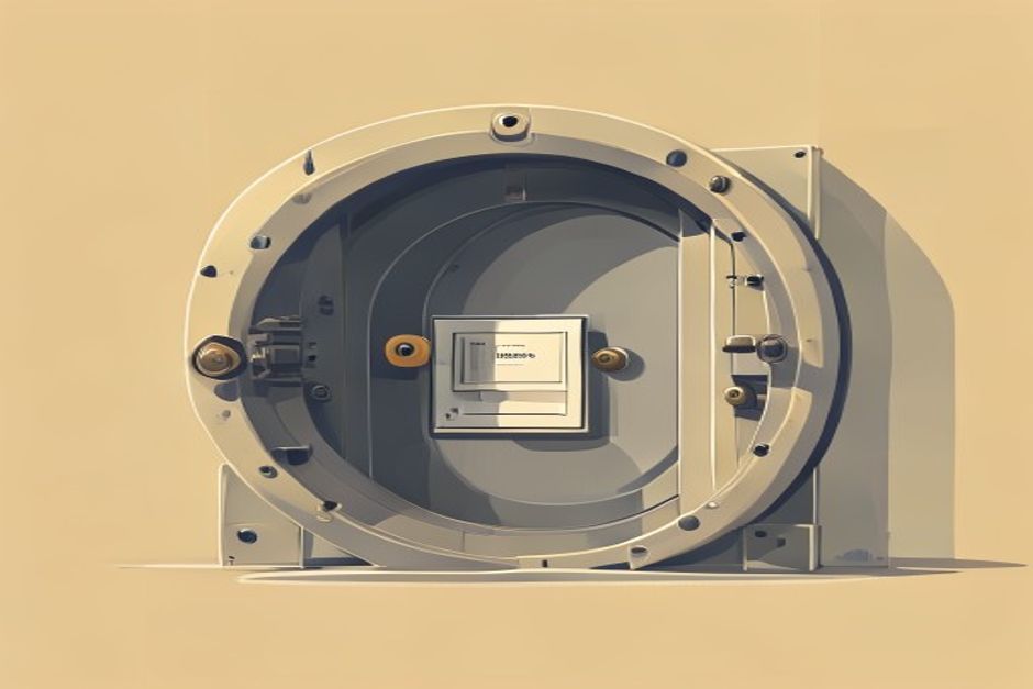 A bank vault door with a single narrow letterbox slot cut into it — an autonomous hand can post one small instruction card through the slot but cannot open the door; the slot is deliberately, almost comically small