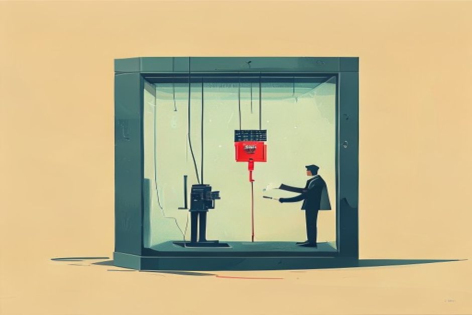 A single glass-walled vault holding a small stack of chips, connected by one thin wire to an agent outside it, with a large red disconnect switch beside the wire