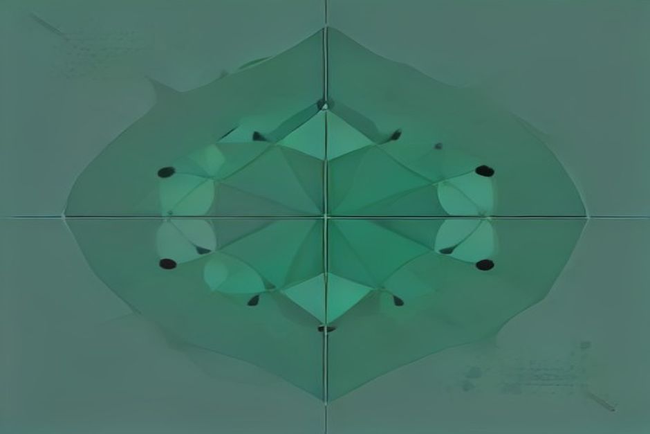 A cool slate lattice of identical agent tiles, most dim and stalled, one lit with a single mint-green routing line threading it from demo to production