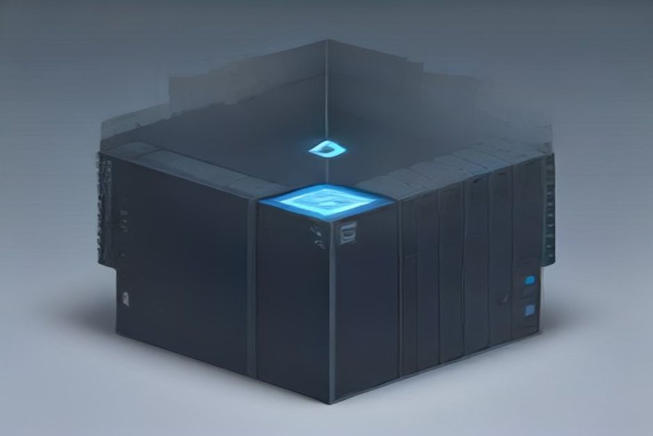One container glyph pinned at the center with four thin lines fanning out to hardware of wildly different sizes — a small desk box, an edge module, a single card, and a tall server rack — a single bright node where they all connect, cool steel and mint accents
