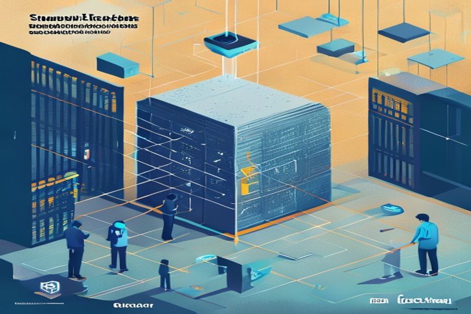 A large data-warehouse monolith emitting a single standardized socket, several small agent nodes plugging into that one governed socket, cool slate and deep blue, technical-schematic feel
