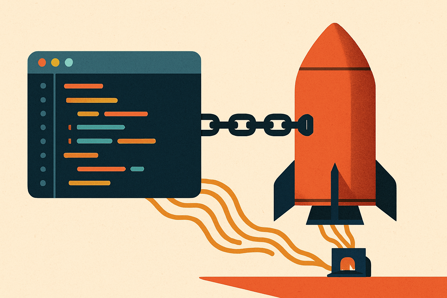 A familiar code editor window being slowly pulled by a chain into a rocket-shaped data silo; thin streams of code flowing from the editor into a distant model furnace