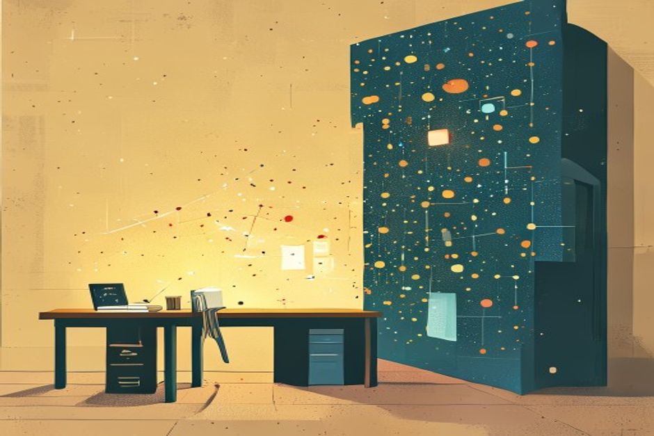 A single glowing SQLite file on a workbench holding a small constellation of vectors, with a doorway beside it opening onto a much larger clustered vector database in the distance