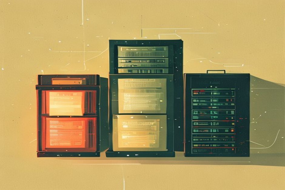 Three containers for the same glowing memory — a single sealed file, an open in-process library, and a networked server rack — sized small to large left to right