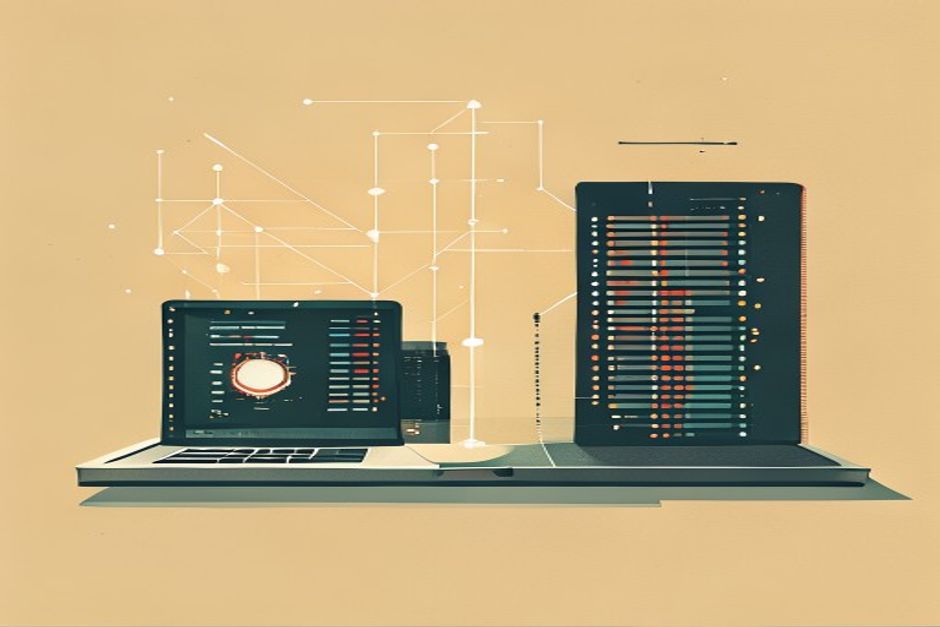 A single laptop holding a small glowing database chip on the left, a networked server rack on the right, a dividing line of vectors between them