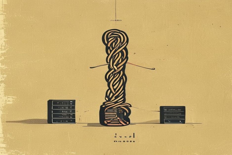 A vertical divide with a heavy tangled session-knot on the left and three light identical server nodes on the right, the balance tipping toward the light side