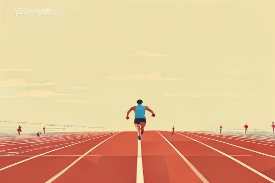 A runner strong off the starting blocks in a short sprint, then the same track stretching to the horizon where nearly every runner has stopped or turned back, one lone figure still moving far down the lane