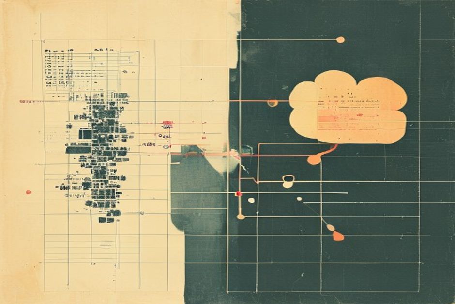 A single spreadsheet grid on the left splitting into three prediction paths — one a compact transformer block firing once, one a fanning ensemble of decision trees, one a speech bubble of text — with the transformer path drawn brightest and finishing first
