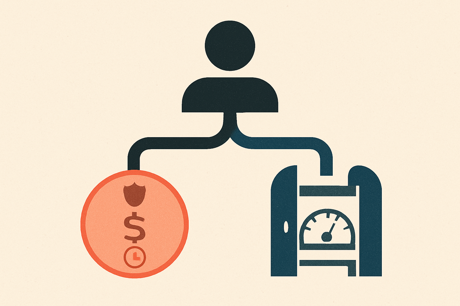 Two labeled payment rails splitting from a single agent glyph — one rail a bounded token stamped with a merchant seal and a short clock, the other an HTTP 402 gate opening to a metered meter; cold precise fintech schematic