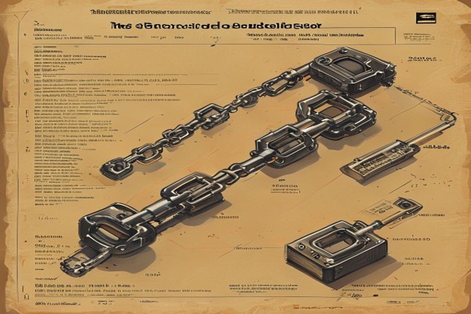 An agent's reasoning loop drawn as a chain of steps, each completed link cast in solid metal and bolted to a ledger while the unfinished links are still glowing and molten