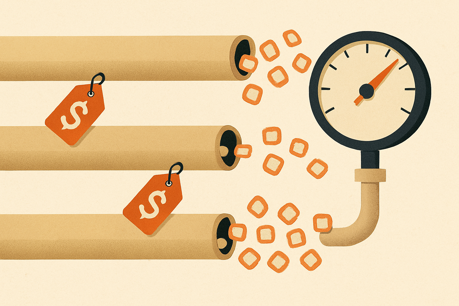 Three parallel pipes of tokens flowing left to right into a single meter, the middle pipe visibly thinner and faster, a price tag on each pipe that does not match how fast it drains the meter