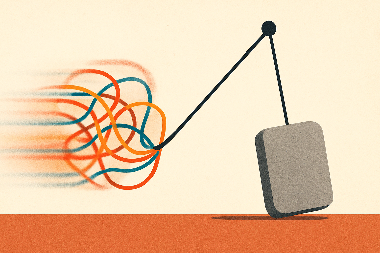 A pendulum caught mid-swing back toward a solid, plain anchor stone, the flashy tangle of wires it swung away from left blurred behind it