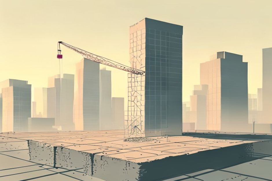 A bare foundation slab labeled with faint expert-router lines, a single crane lowering a custom floor onto it, closed glass towers in the far background