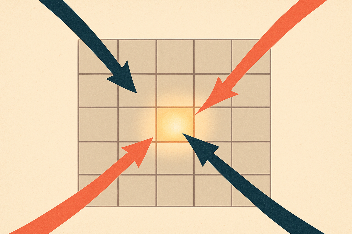 Four separate release trajectories arcing in from the edges and converging on a single dated point on a calendar grid, the point glowing while the surrounding days stay dim