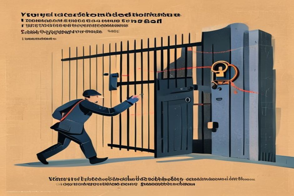 A guard inspecting a key and waving it through a gate, while behind him an unseen hand swaps the lock the key was cut for — the same key now opening a different door, cold slate and a single warning-red thread