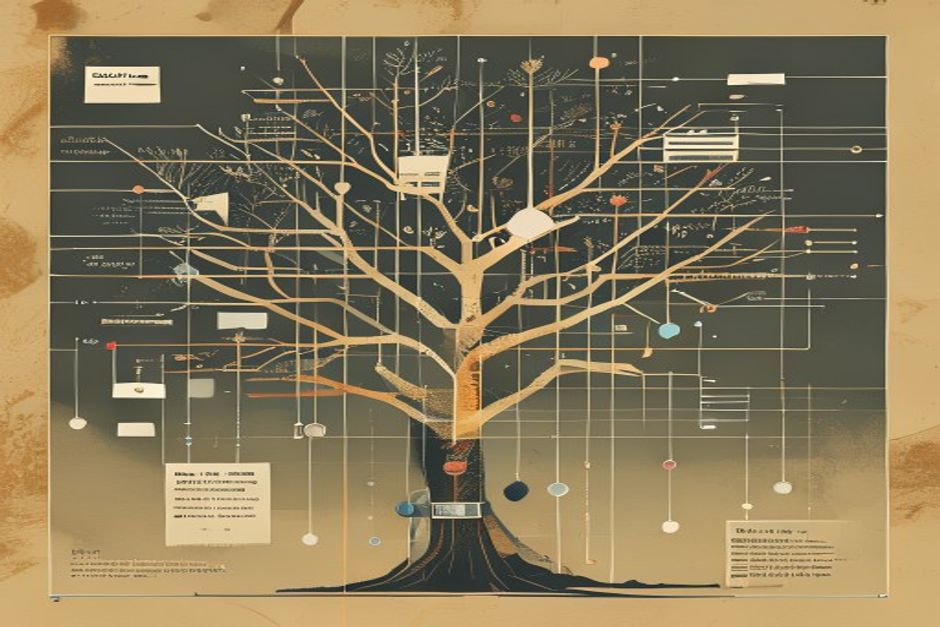 A branching tree of trace spans lit like a constellation, one span opened to reveal a prompt and a tool call, an eval gate scoring the path, OpenTelemetry lines threading through a dark grid