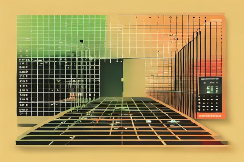 A grid of test cases feeding into a scoring gate, one path passing green and one held back red, over a branching trace of AI calls