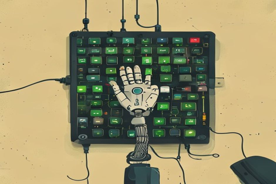A single robotic hand plugged into a switchboard of a thousand labeled app sockets — Gmail, Slack, GitHub, Notion — each socket pre-lit green, one cable carrying an OAuth key that the hand never touches directly
