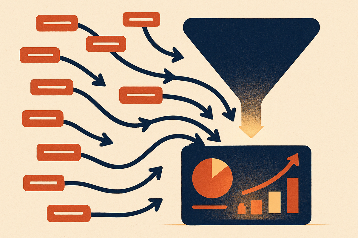 Many scattered marketing links converging into a single glowing dashboard funnel