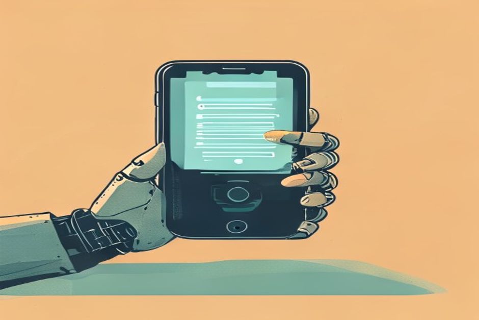 A robotic hand holding a phone that displays a drafted crypto transaction, reaching toward a small physical hardware device with its own lit screen showing the same amount and a single glowing confirm button that only a human thumb is pressing — the key stays locked inside the device, a clear boundary line between the software side and the hardware side