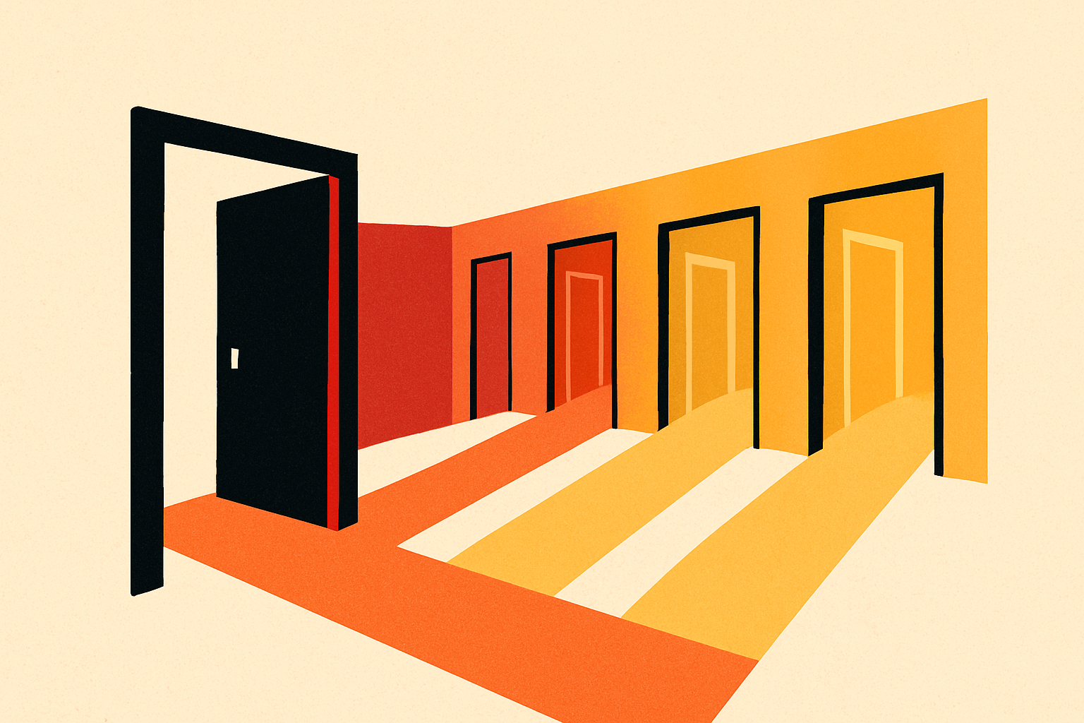 A single doorway on the left opening onto many labeled corridors fanning out to different model providers, one uniform frame in front of many rooms