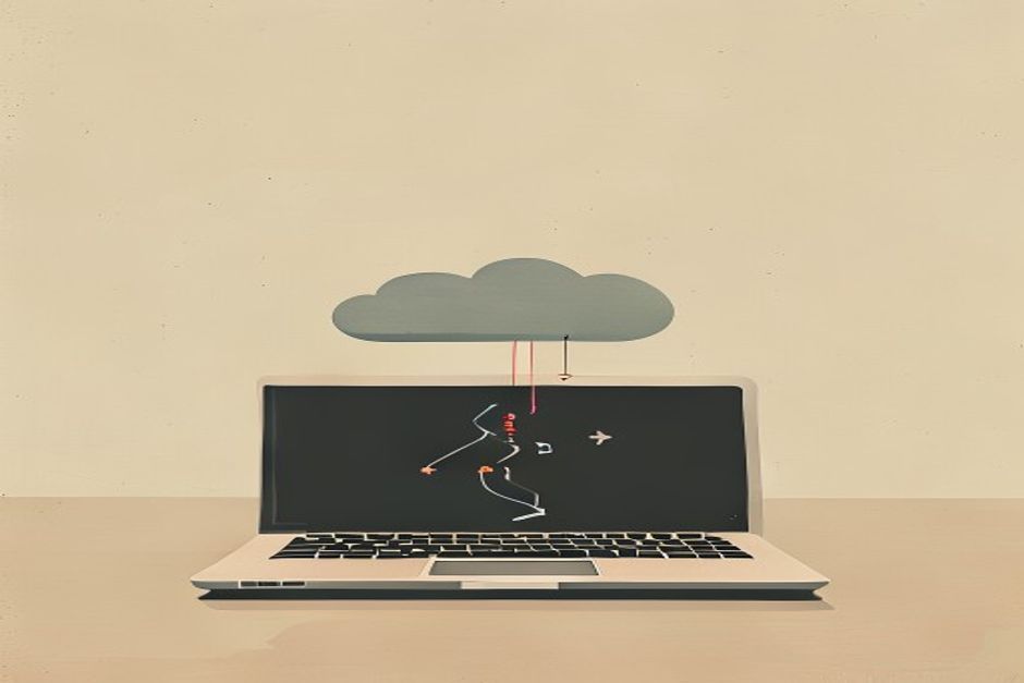 A small glowing chip inside a laptop silhouette running a tight local loop of tool-call arrows, a greyed-out cloud disconnected in the background with a severed dotted line