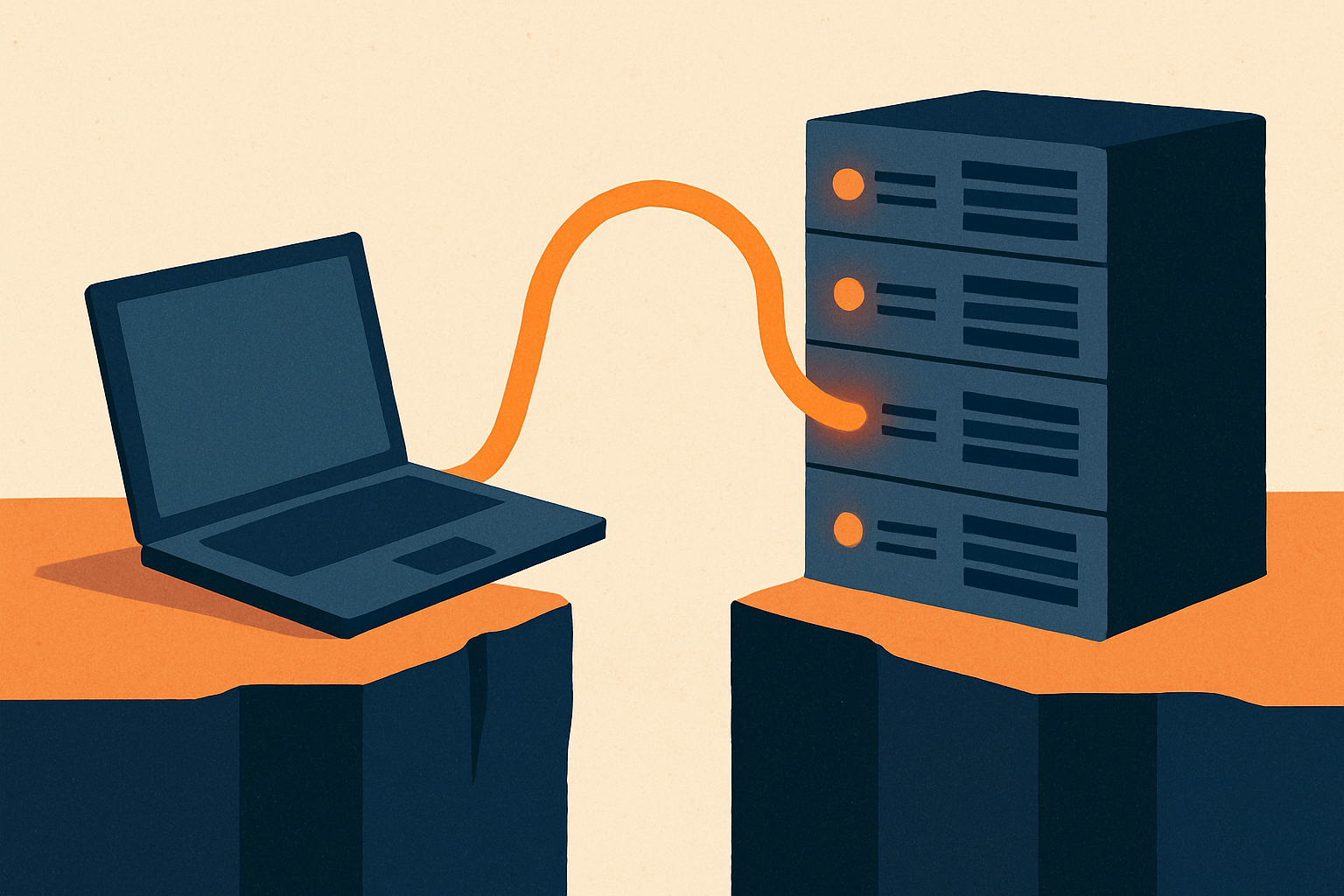 A single cable that runs from an open laptop across a gap into a rack of servers, both ends glowing the same color to show it's one continuous connection