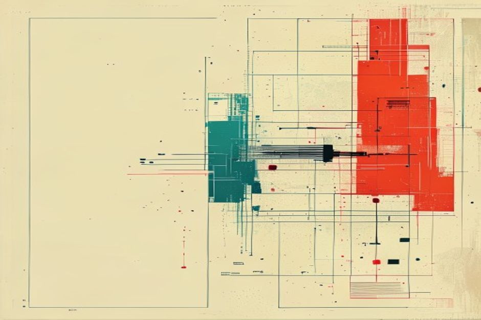 A design artboard whose rectangles dissolve into lines of HTML on the right edge, an MCP socket plugged into the seam between them
