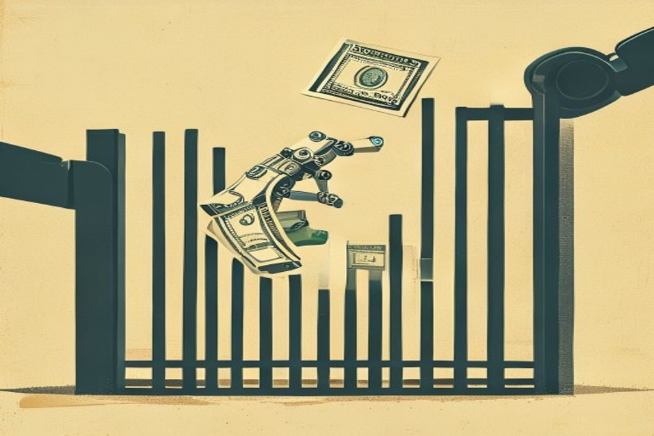 A robotic hand reaching for a stack of cash but stopped at a slotted gate marked with a spending cap, one bill passing through the slot while the rest stays behind the fence