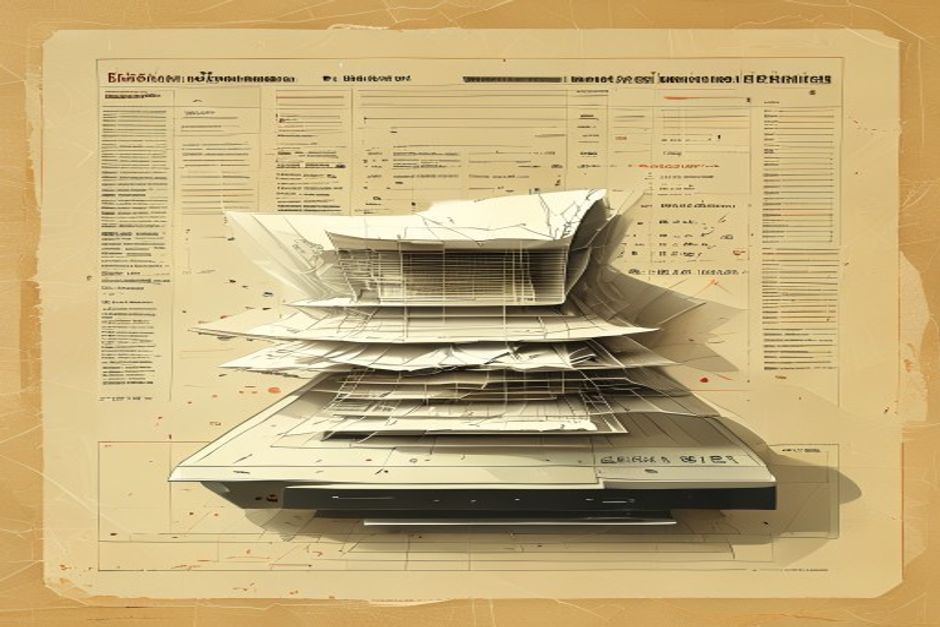A crumpled, coffee-stained scanned invoice with a skewed nested table being drawn smoothly through a scanner-lens, emerging on the right as a crisp grid of labeled JSON fields with small confidence badges