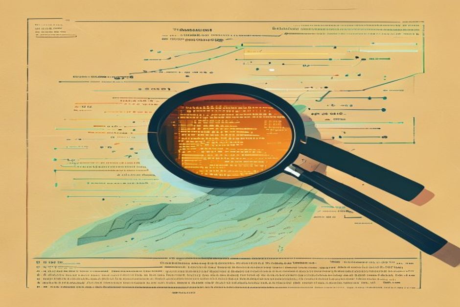A magnifying lens passing over a stream of freshly-generated source code, highlighting a hidden flaw in warning-amber while the safe lines stay calm green — automated review catching what a human never read