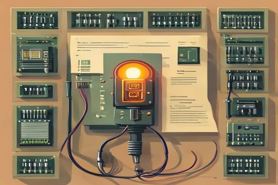 A lit switchboard of labeled server jacks with one glowing patch cable routing a call into a running container, a paper index card catalog dimmed behind it