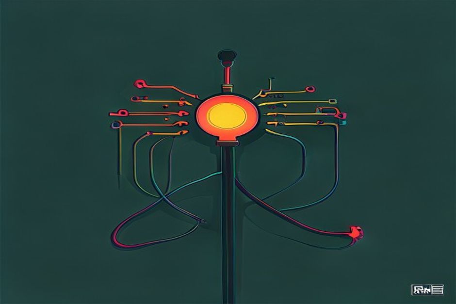 A single glowing key at the center feeding one socket, from which many labeled model-provider cables fan out — one cable flickering red and instantly rerouting to a green backup, drawn clean on dark
