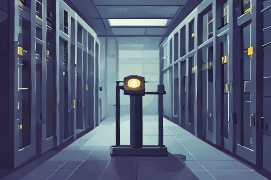 A single lit turnstile in front of a bank of identical server doors, one glowing key badge tapping through while unbadged requests gray out