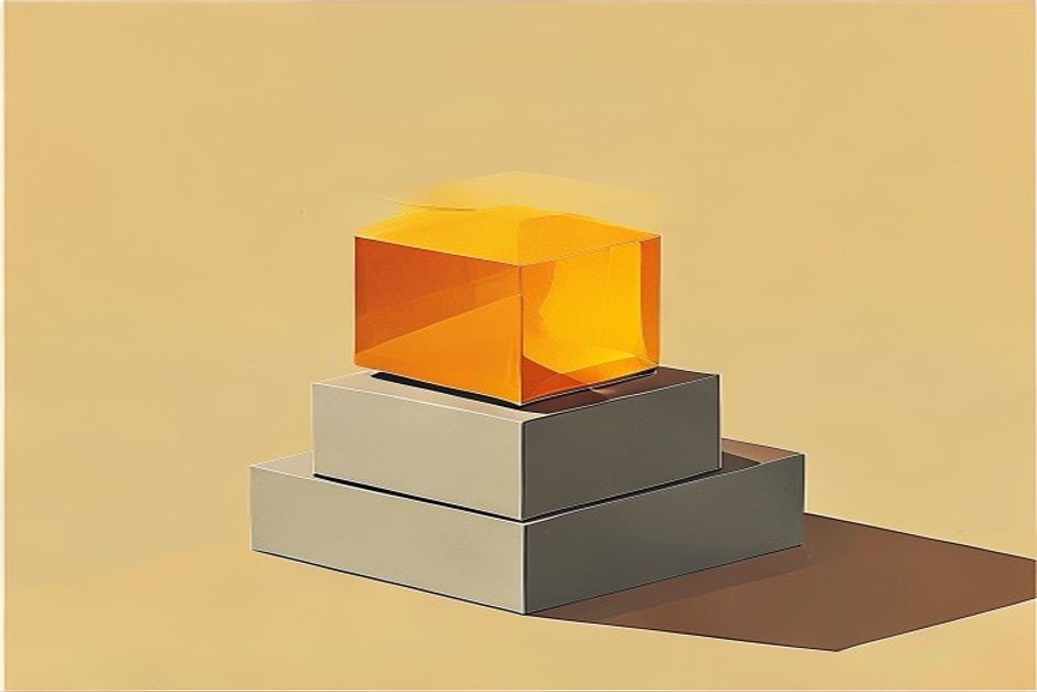 A single amber cube snapping into place atop a stack of grey boxes, sharp hard-edged shadows