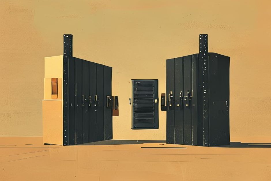 A multi-hundred-gigabyte weight file passing through four sequential gates — a pinned lock, a fingerprint scanner, a payload x-ray, and a signature seal — before reaching a dark GPU rack
