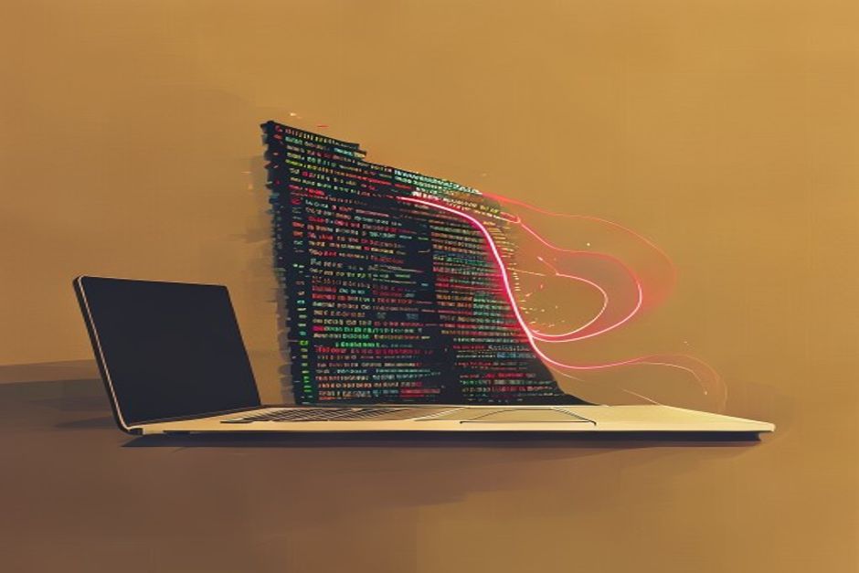 A freshly-generated app glowing on a laptop, and behind it a long shadow made of stacked, duplicated code blocks and unpatched dependencies trailing off into the dark — the maintenance tail nobody priced