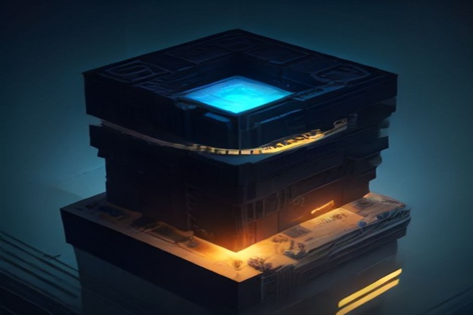 A cutaway of a tiered memory hierarchy — a bright hot GPU HBM plane on top, a wide cool CPU-RAM slab beneath it, a deep dark object-store basement below, with labeled KV-cache blocks flowing down between the layers, cold steel and mint on off-white blueprint