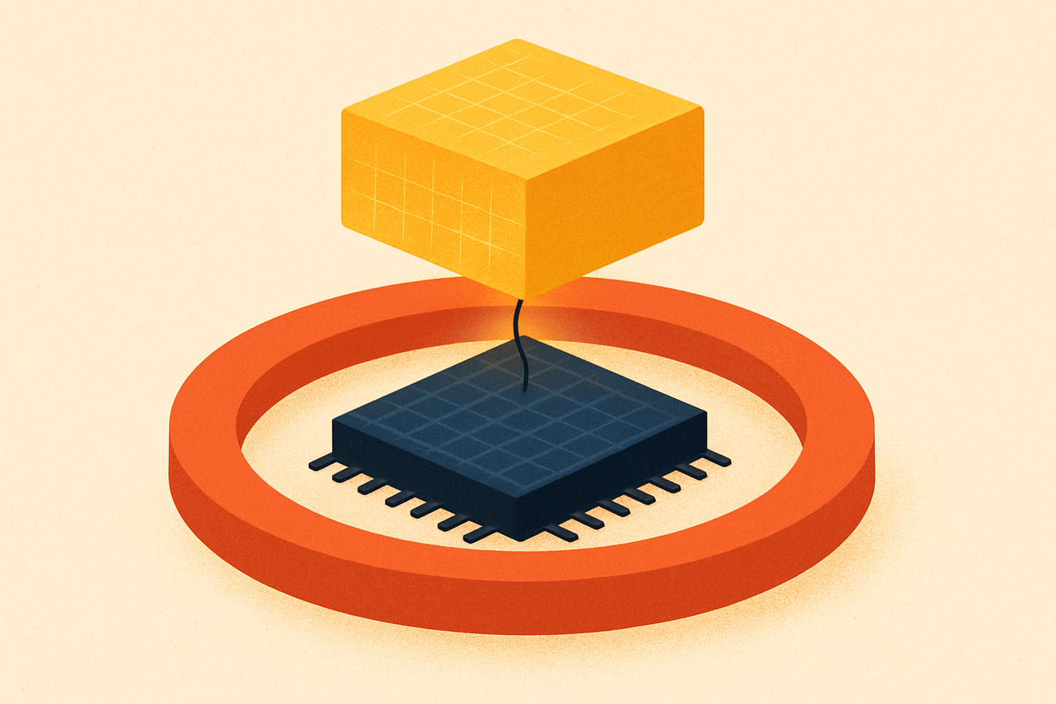A single GPU die at center; a large glowing block of weights lifts off it and parks in a cooler outer ring, leaving the die dark and available, a thin tether still connecting the two