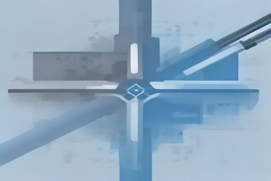 Five separate labeled pipes merging into one wider pipe, blueprint style, cool blue on off-white, a single clean junction