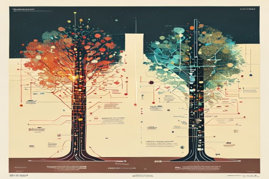 Two inference pipelines side by side — one a radix tree of glowing shared prefix branches feeding many requests from one cached trunk, the other a wide rack of mismatched accelerators each running a different fresh model