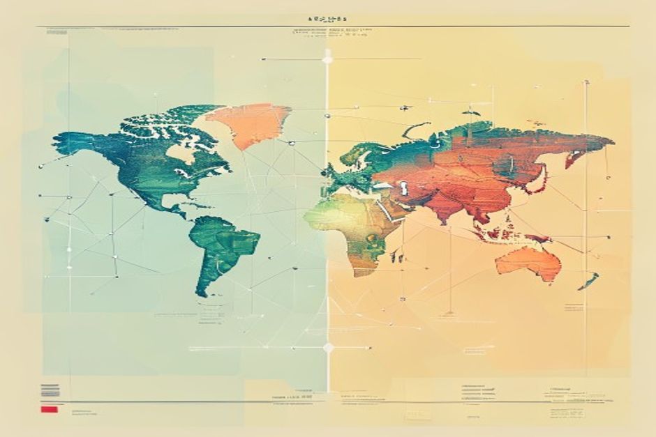A world map split by a vertical seam into two colored territories, one warm and one cool, each with its own network of connected nodes that do not cross the seam