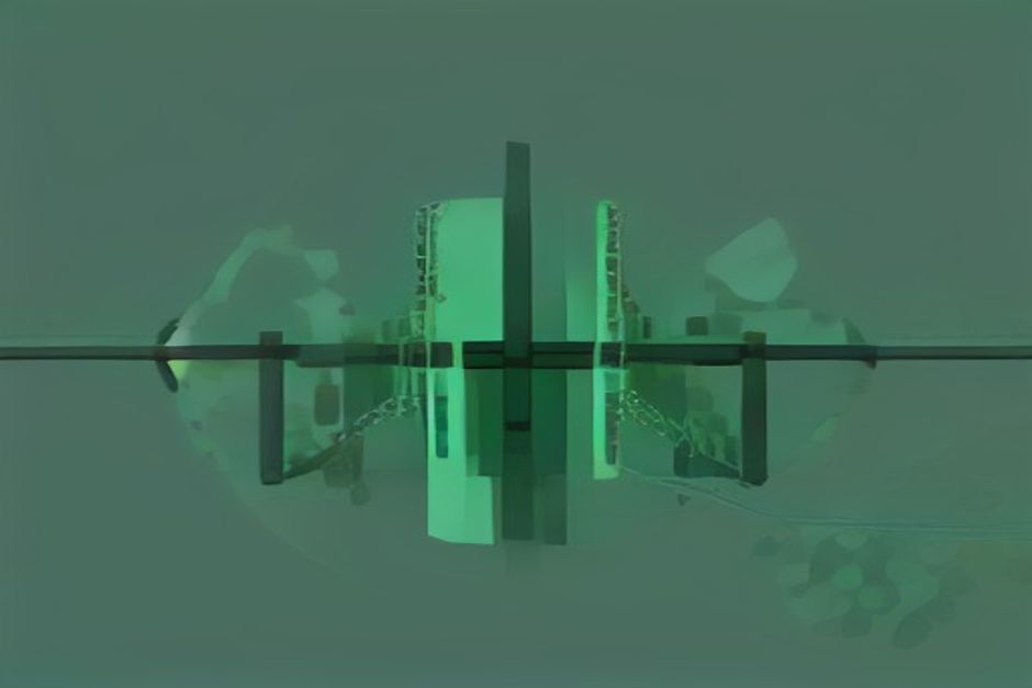 A long chain of small cheap tokens running left to right, with a single heavy premium gate placed at the one link where the chain would otherwise snap, thin green accent on that gate, monospaced labels
