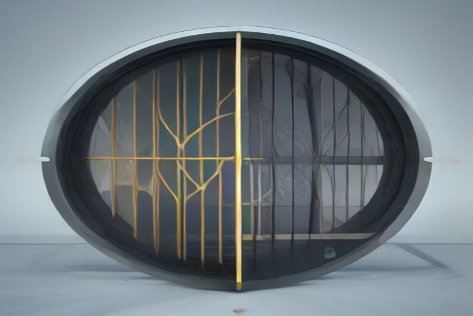 A single frontier model funneled through a narrow 30-day government gate while a wide net scans the open-source supply chain below it, cool steel and federal navy, one gold node at the gate