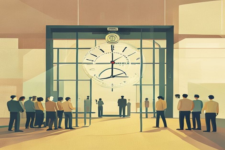 A sealed government evaluation room with a single frontier model waiting behind glass under a 30-day clock, a line of downstream builders queued at the door until the review clears