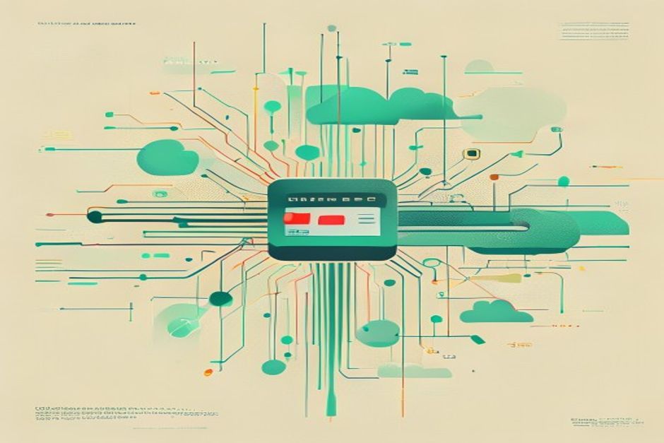 The dormant HTTP 402 status code lighting up as a payment rail, card networks and cloud providers converging on a single open protocol node, cool steel and mint accents